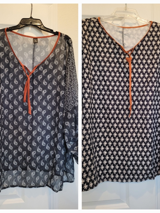SHEIN Tops - 2 SHEIN Blouses-Lighweight Black & White Printed V-Neck Tunic with Orange Trim